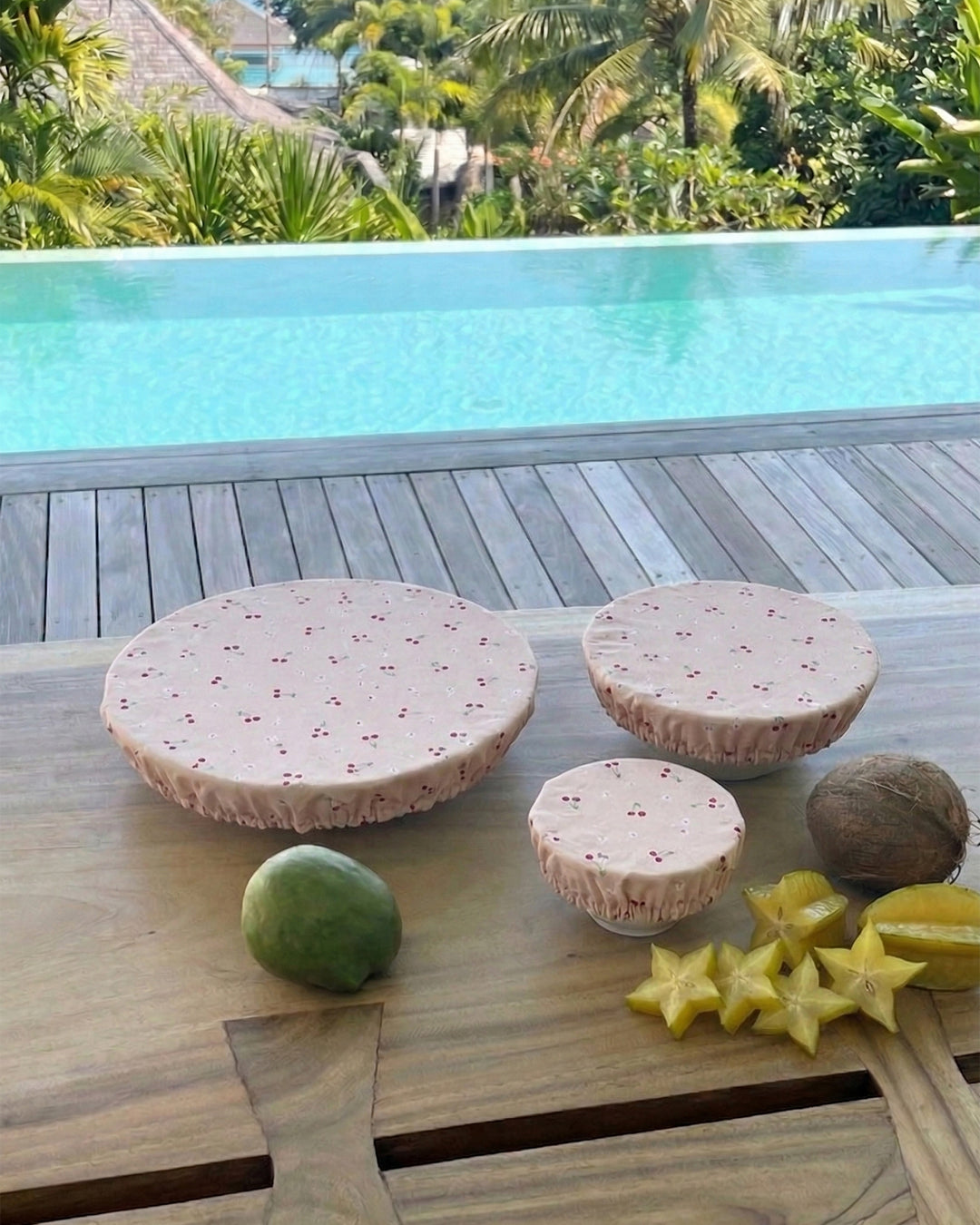 Lifestyle set 3 couvre-plats coton enduit imprimé cerises - Poule House