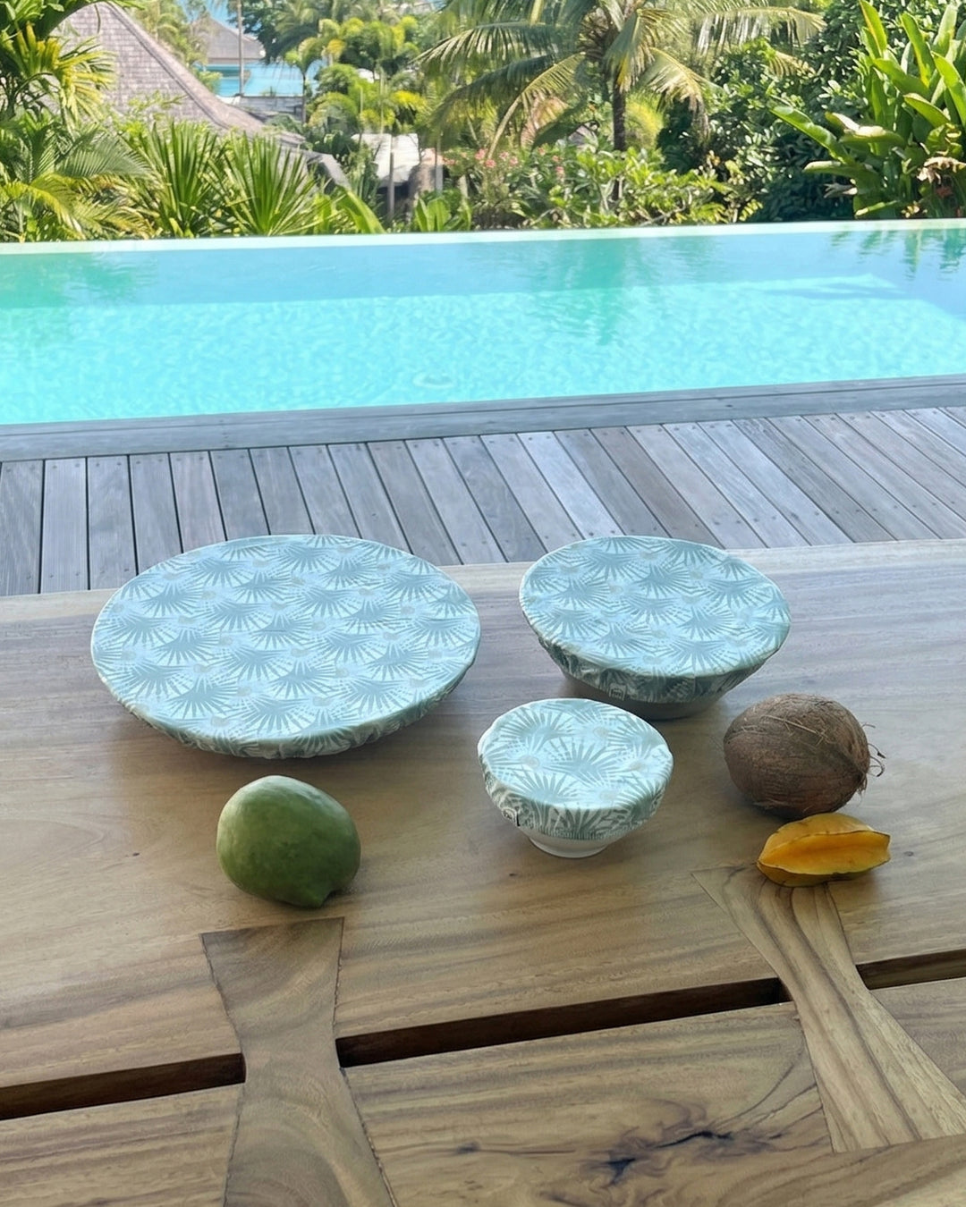 Lifestyle set 3 couvre-plats coton enduit imprimé palmiers - Poule House