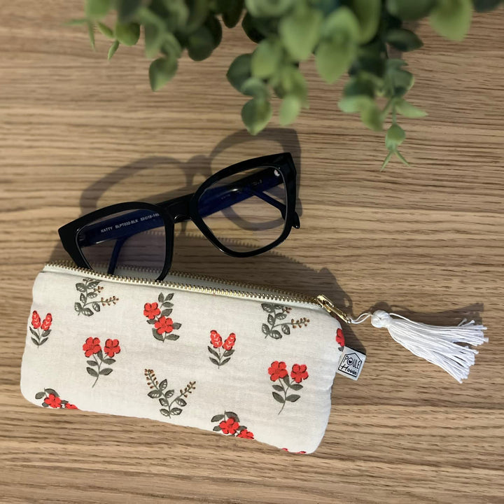 étui lunettes motif fleurs rouges