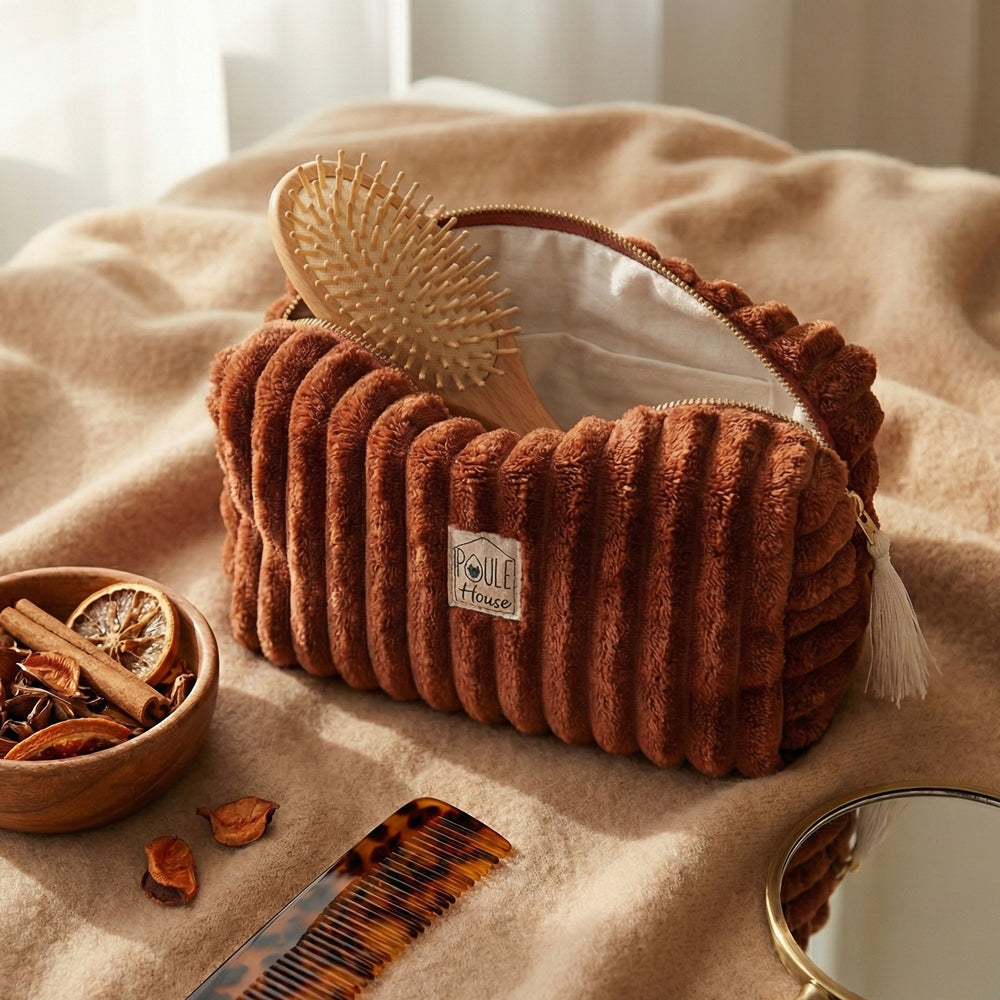 Louise : Grande trousse de toilette minky matelassé - toffee