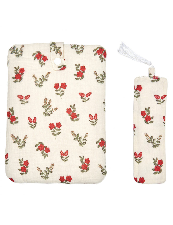 Pochette à livre de poche + marque-page - fleurs rouges