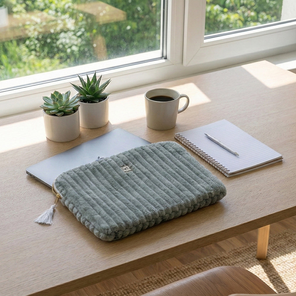 Pochette ordinateur minky sauge - Taille L