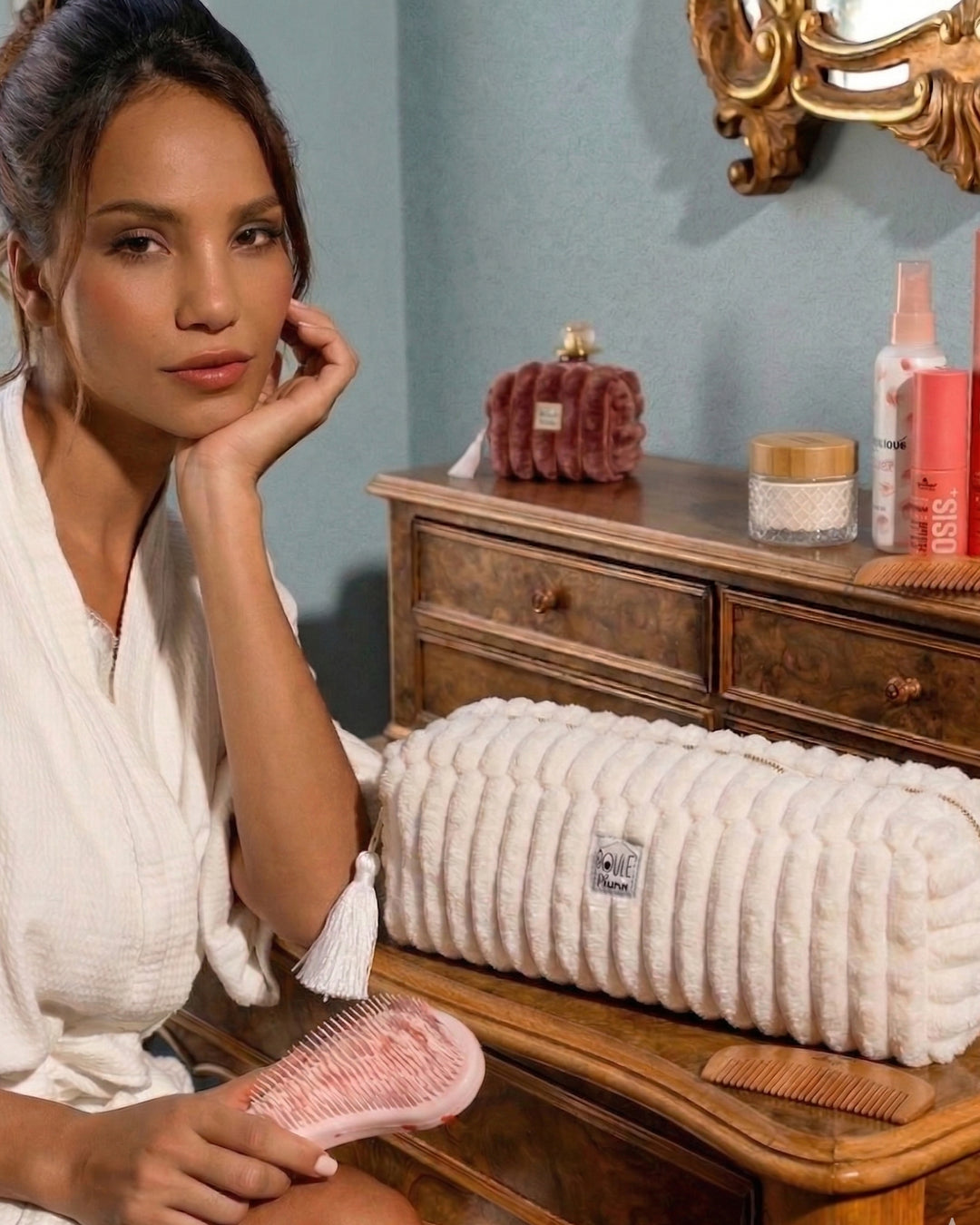 Lifestyle maxi trousse de coiffure minky matelassé Manon crème - Poule House