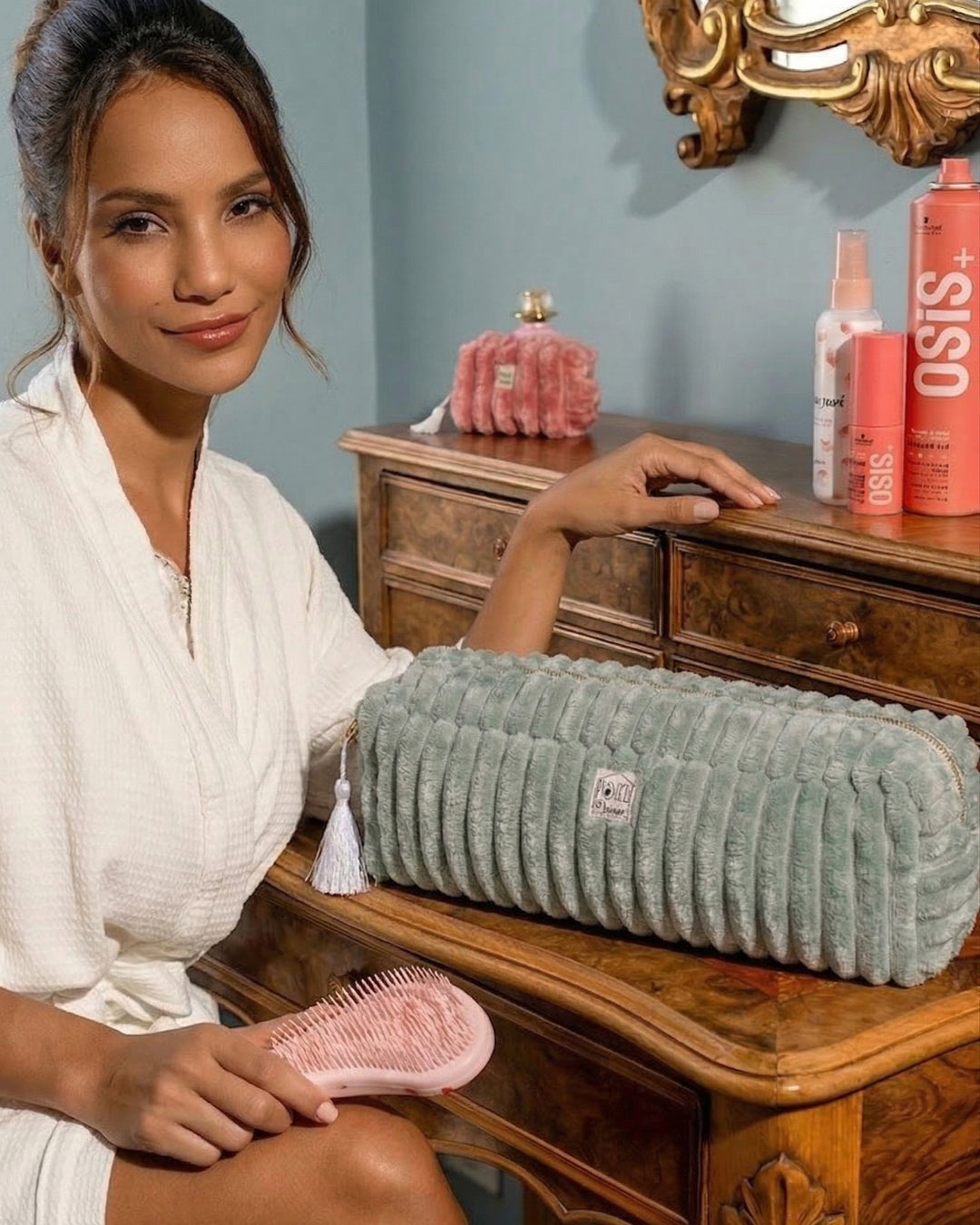 Lifestyle Maxi trousse de coiffure minky matelassé Manon sauge - Poule House