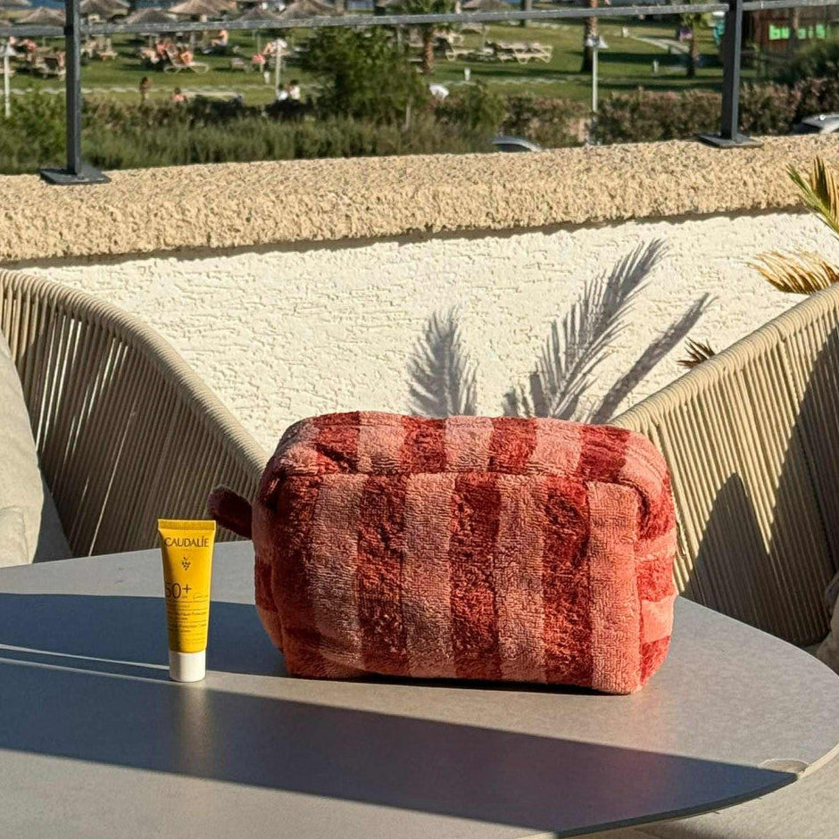 Trousse éponge bambou rayée marsala / paprika