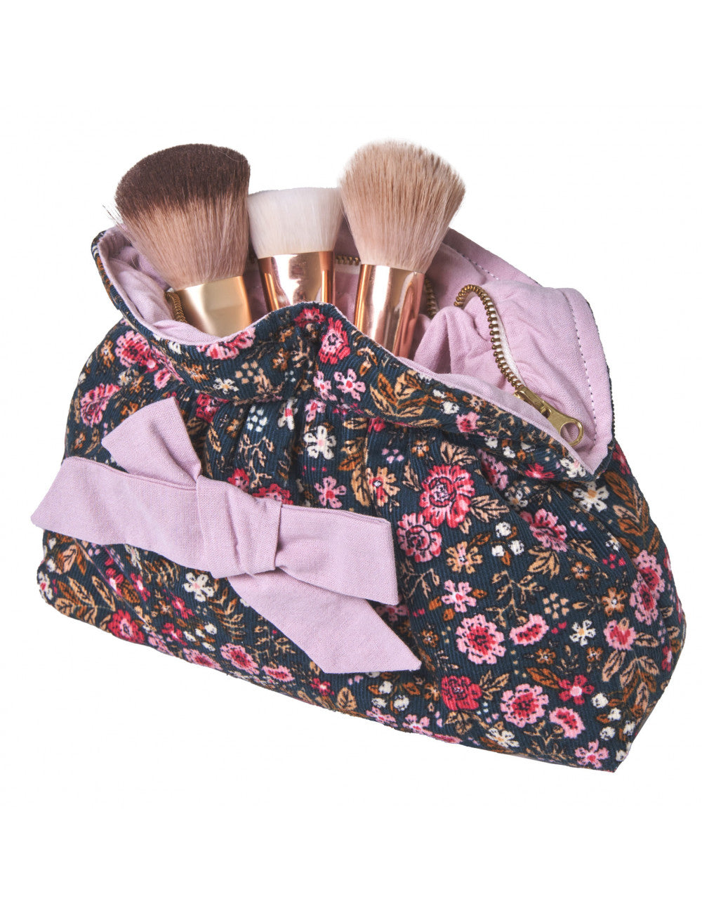 Trousse maquillage velours à nœud - motif floral