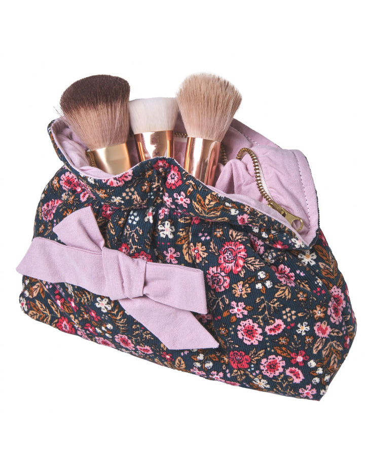 Trousse maquillage velours à nœud - motif floral